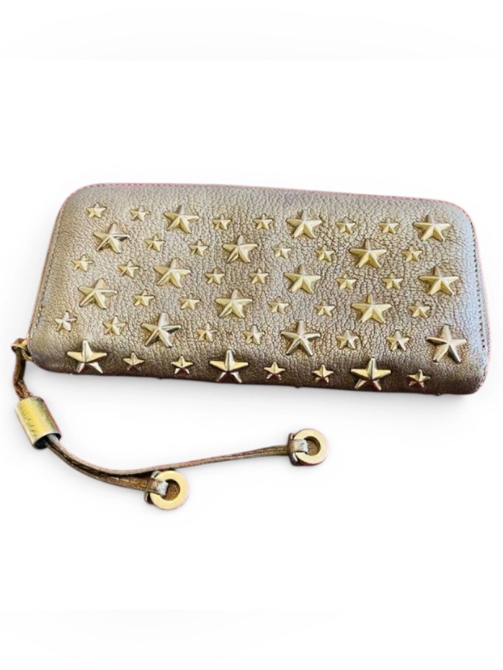 🛍️ Jimmy Choo Authentic Taupe Gold Star-Studded Zip Around Long Wallet